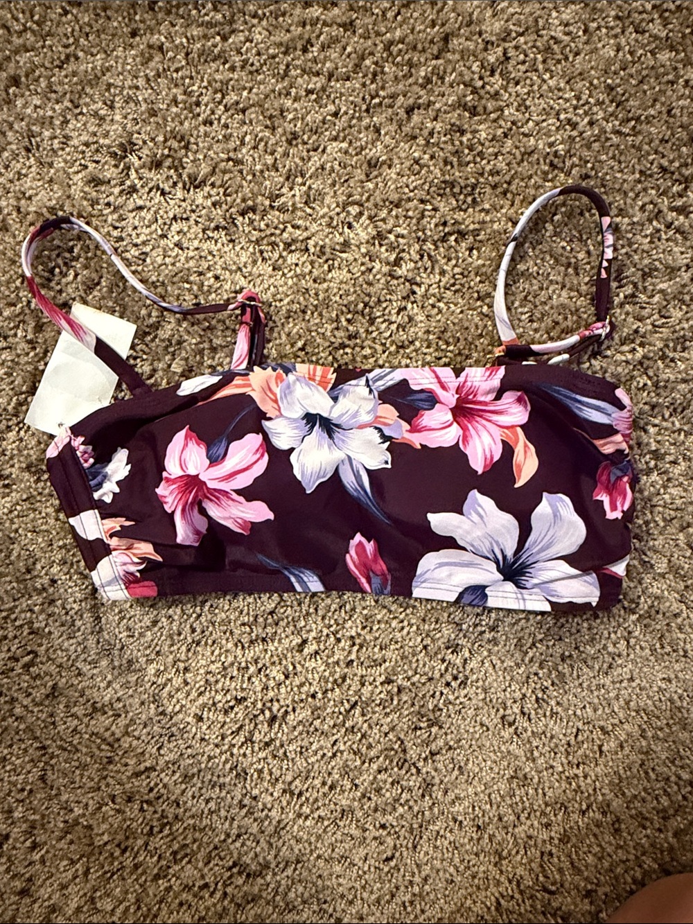 Kona Sol Floral Bandeau Bikini Top in Plum with Pink & White Flowers